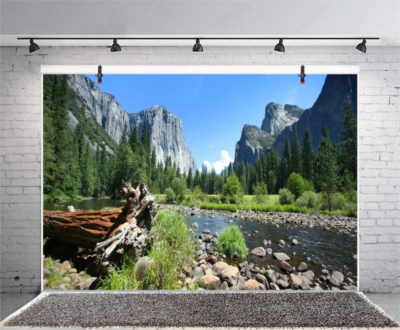 Laeacco Lake and Mountains Backdrop 10x8ft Natural Scenery Mountain Landscape Photography Backdrop Green Trees Rock Stone River Blue Sky View Backdrop Spring Summer Birthday Party Decor Supplies - Image 3